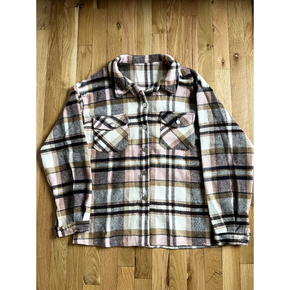 Pink & Brown Plaid Warm Shacket Shirt Jacket Fleece Woman Vintage (size S)